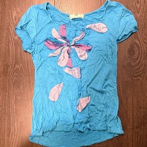 Anthropologie Blue Top with Pink Floral Accents